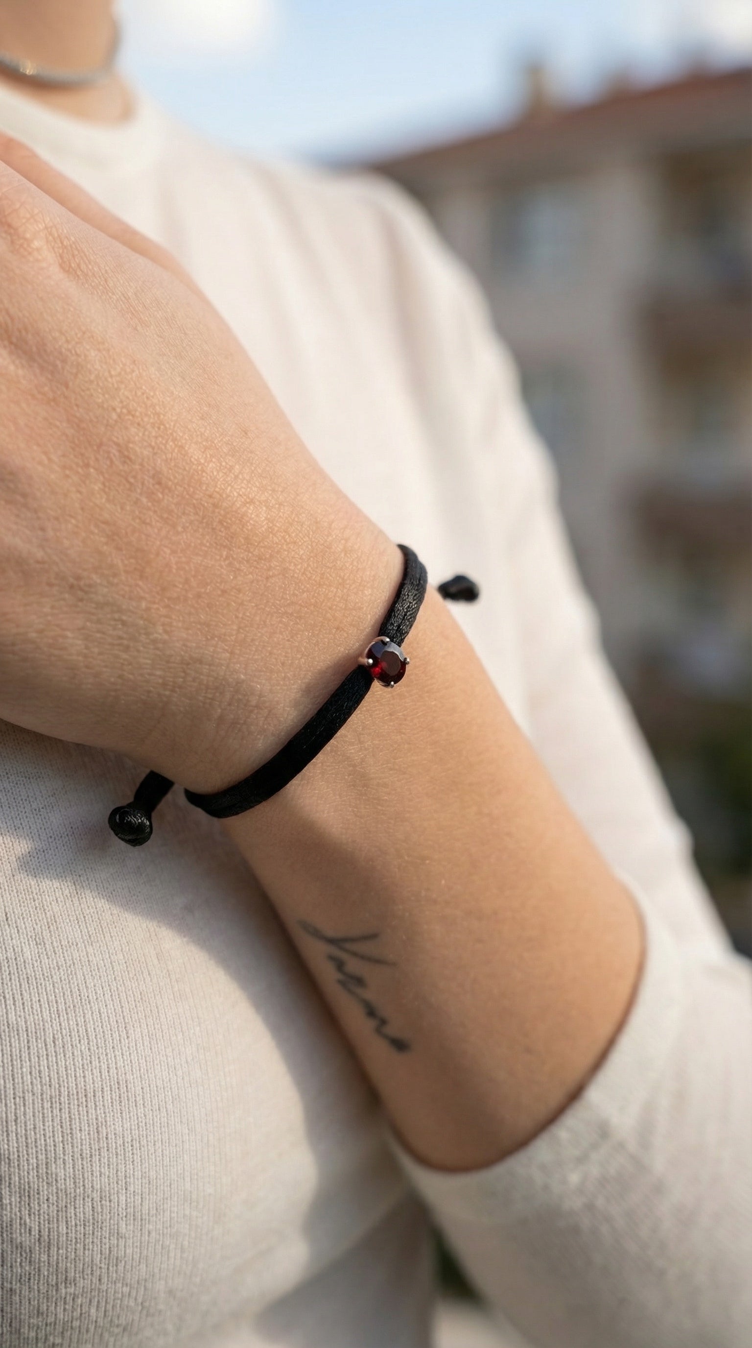 Red Gemstone Black Cord Bracelet